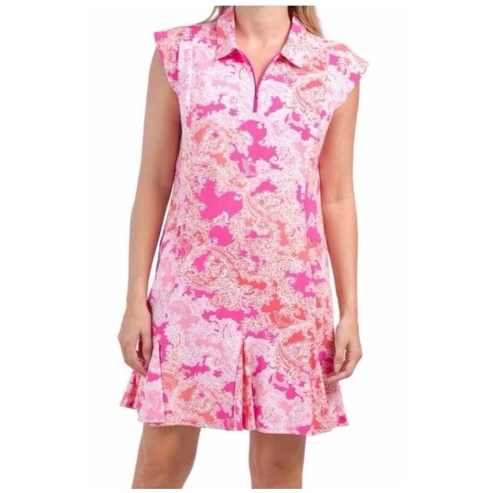 IBKUL Pink Paisley 1/4 Zip‎ Flounce Hem Sleeveless Polo Dress Size XS Pockets